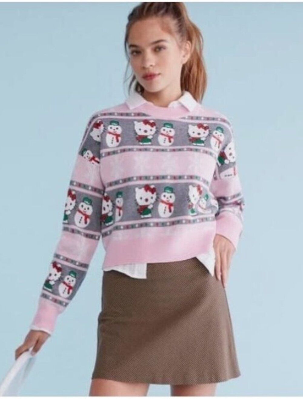 NWT Aeropostale Hello Kitty Snowman Pink Fair Isle Crew Sweater